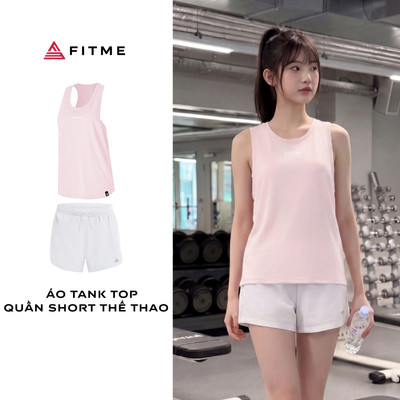 Bộ Fitme nữ tập gym pickleball áo tanktop hồng pastel phối quần đùi trắng trẻ trung tôn dáng năng động