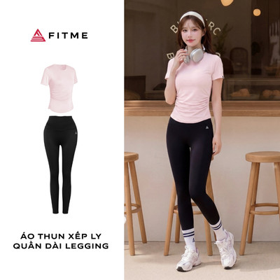 Bộ Fitme nữ tập gym yoga áo thể thao hồng pastel phối quần legging dài đen mềm mại thoáng khí