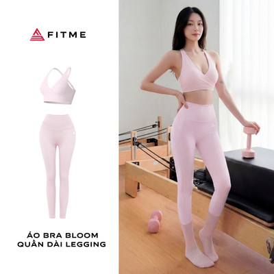 Bộ Fitme nữ tập gym yoga áo bra Bloom hồng pastel kết hợp quần legging hồng pastel co giãn thoải mái