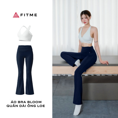 Bộ đồ tập gym yoga nữ Fitme áo bra Bloom trắng phối quần ống loe navy cạp cao co giãn tôn dáng