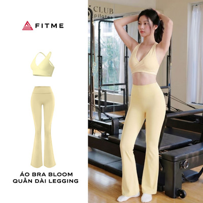 Bộ Fitme nữ tập gym yoga áo bra Bloom vàng pastel kết hợp quần ống loe vàng pastel co giãn thoải mái