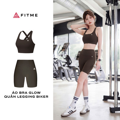 Bộ đồ tập gym yoga nữ Fitme áo bra Glow kết hợp quần biker Espresso mềm mại thoáng khí co giãn