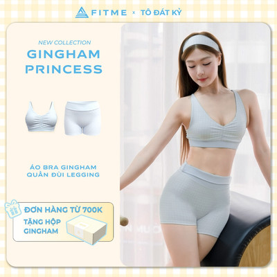 Bộ đồ tập gym pilates yoga nữ Fitme SL áo bra Rosy phối quần đùi Sparkle xanh gingham tôn dáng thoáng khí