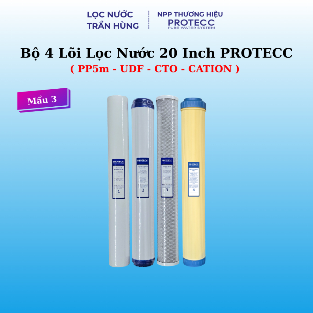 Bộ 4 Lõi Lọc Thô 1234 PROTECC 20 Inch Mẩu 3 | PP5m - UDF - CTO - CATION | PT210-CA, PT211-CA, PT212-