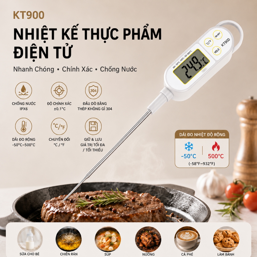 Nhiệt Kế Thực Phẩm Điện Tử KT900 IPX6 Chống Nước Đầu Dò Inox 304 Đo BBQ Sữa Cà Phê