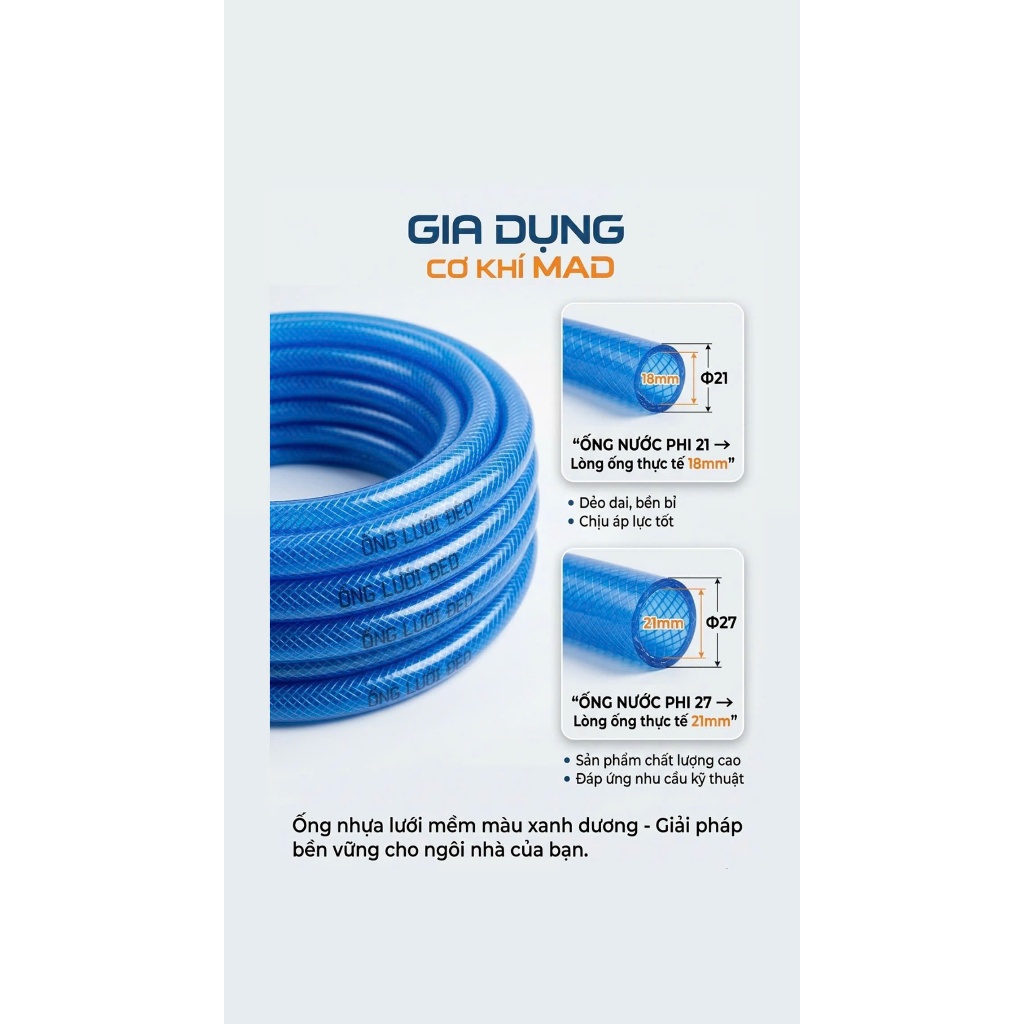 Dây bơm nhựa dựa dẻo PVC - Màu xanh dương - Phi 21 lòng ống phủ bì lòng ống 18mm - Phù