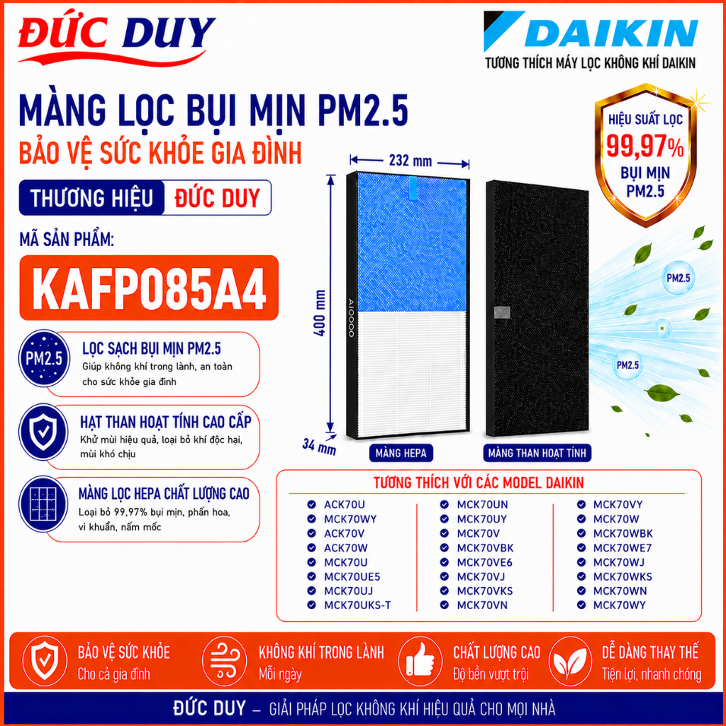 Màng lọc Hepa DAIKIN Hộp MCK70UY MCK70UY MCK70XT MCK70X KAFP085A4