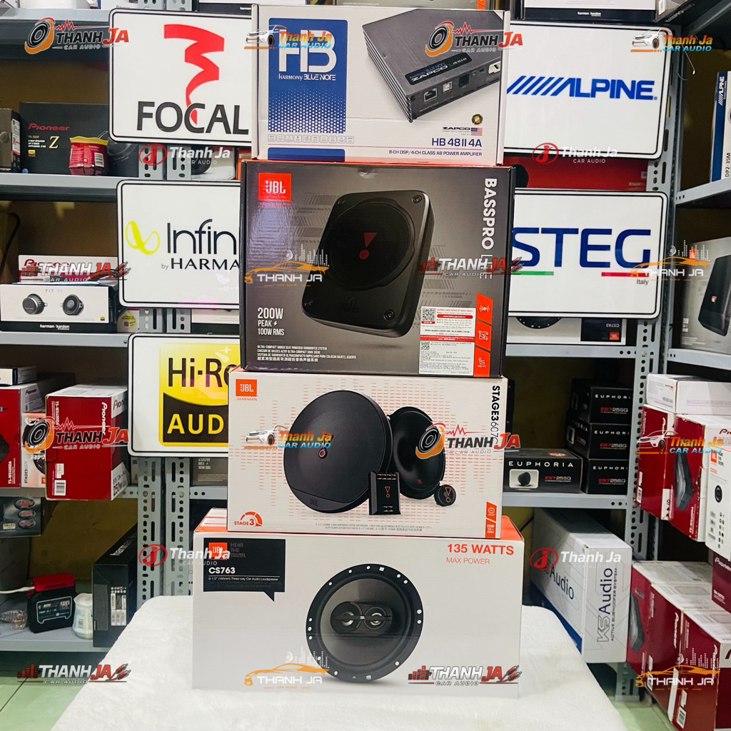 Gói Độ Loa Xe : Jbl Stage 3 607c, jbl cs 763, Zapco HB 410 II 8A, Jbl Basspro Nano lite