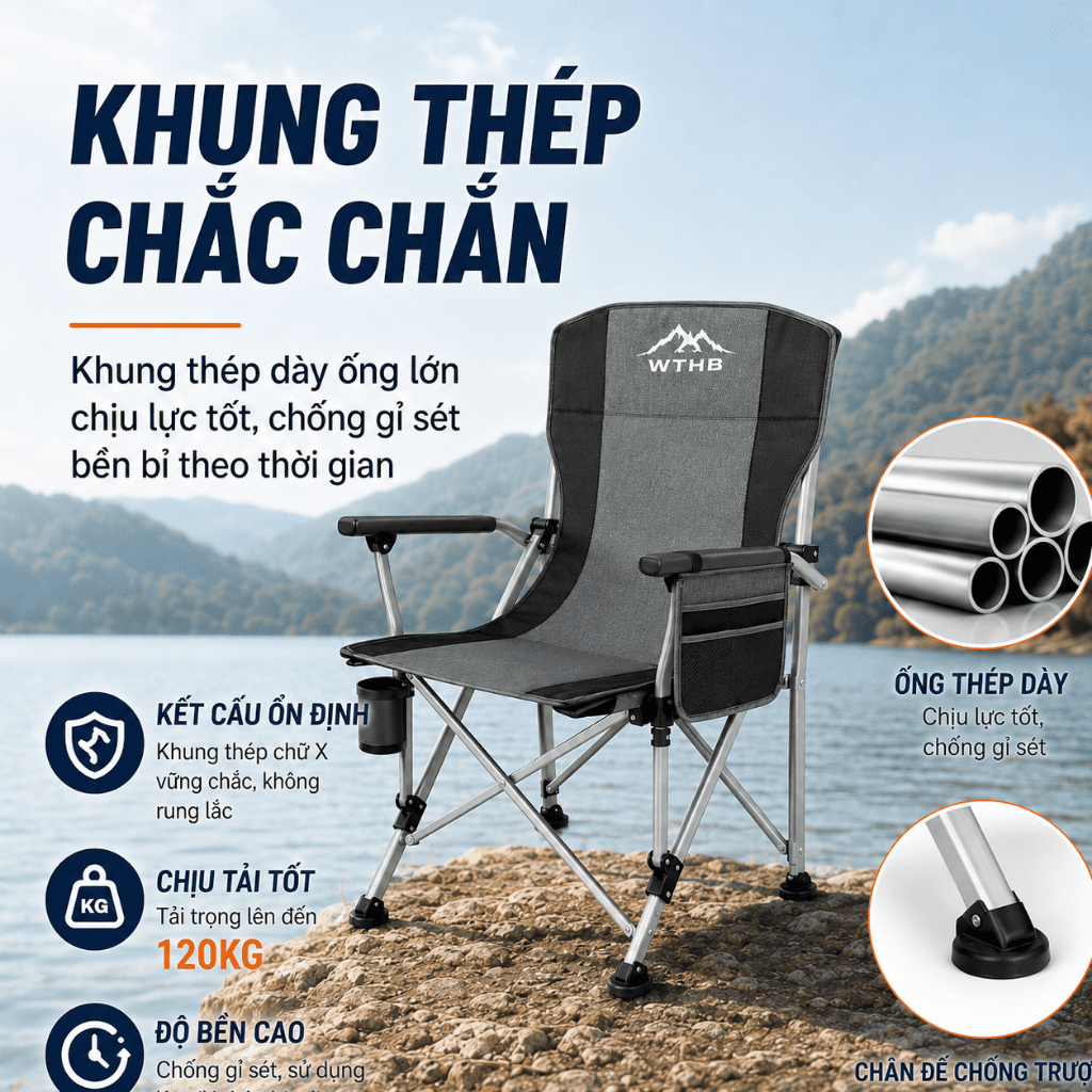 Ghế câu cá gấp gọn có tựa lưng du lịch cắm trại dã ngoại nhẹ chịu lực bền khung thép túi đựng tiện lợi cao cấp | BigBuy360 - bigbuy360.vn