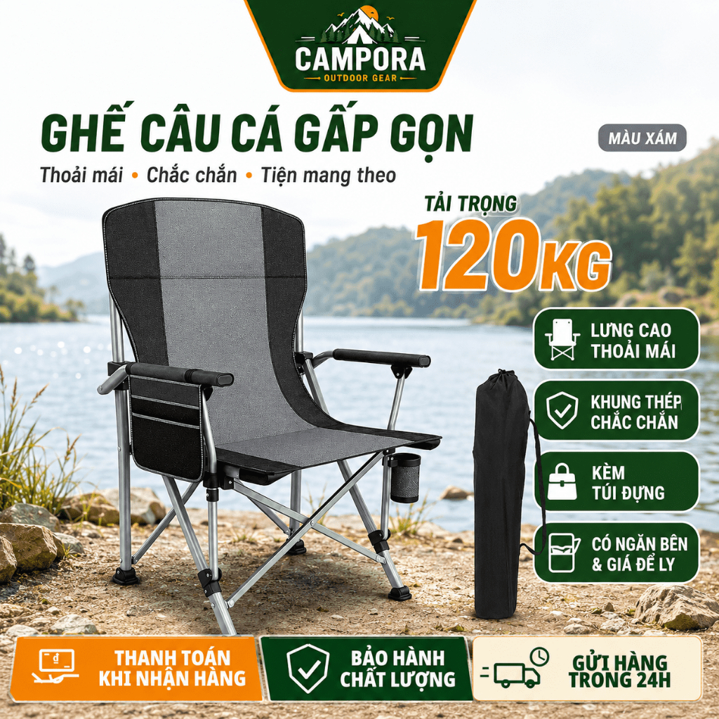 Ghế câu cá gấp gọn có tựa lưng du lịch cắm trại dã ngoại nhẹ chịu lực bền khung thép túi đựng tiện lợi cao cấp | BigBuy360 - bigbuy360.vn