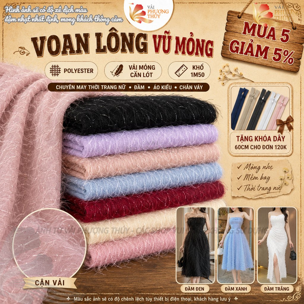 Vải voan lông vũ Phượng Thúy khổ ngang 1m50 mỏng cần lót không giãn chuyên may đầm váy thời trang nữ