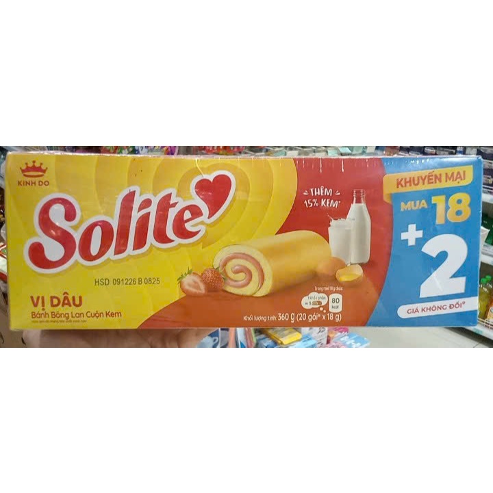 Bánh bông lan cuộn kem Solite vị dâu hộp 360g (20 gói)