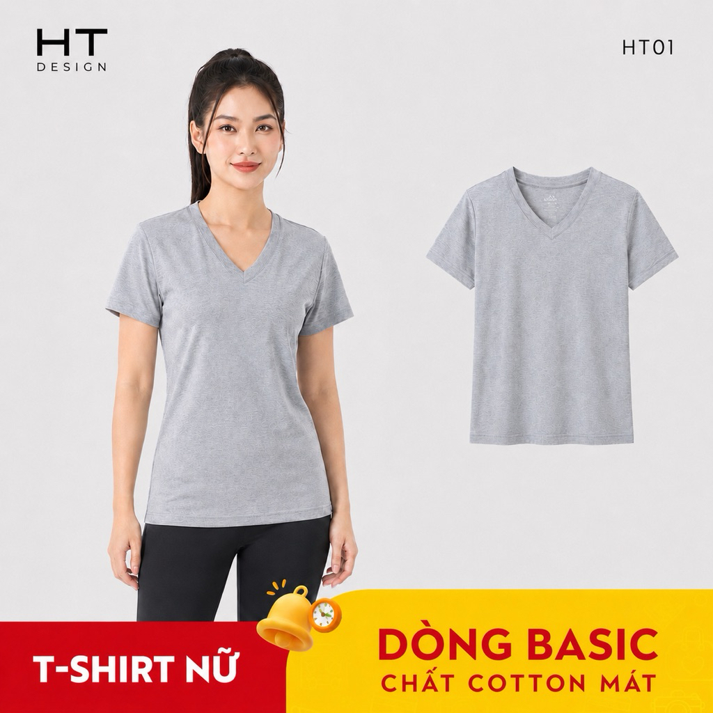 Sét Áo Thun Nữ Cổ Tim HT Design Basic Cotton Cao Cấp Form Chuẩn Thanh Lịch Dễ Phối Đồ Công Sở