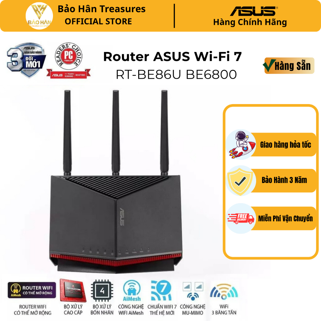 ROUTER WIFI ASUS RT-BE86U | WiFi 7 | BE6800 | Cổng Mạng 10G Tốc Độ Cao - Hàng Chính Hãng