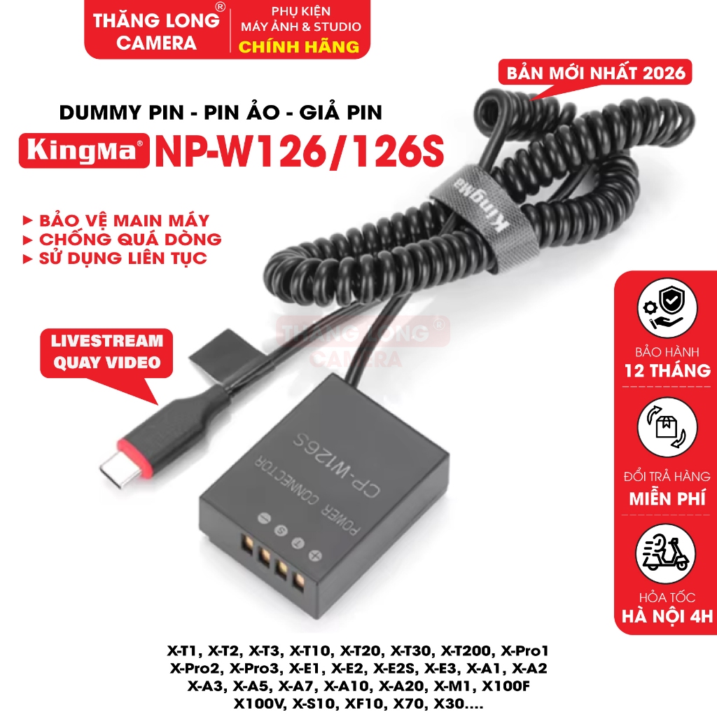 Dummy Pin NP-W126S USB-C KingMa TC-NPW126 - Nguồn Giả Cấp Điện Liên Tục Cho Máy Ảnh Fujifilm