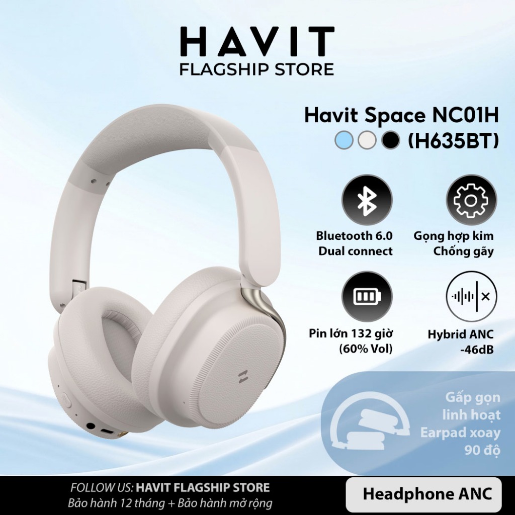 Tai nghe Bluetooth Headphone Havit Space NC01H Pin 132 tiếng | ANC 43dB | Kết Nối 2 TB | BT 6.0
