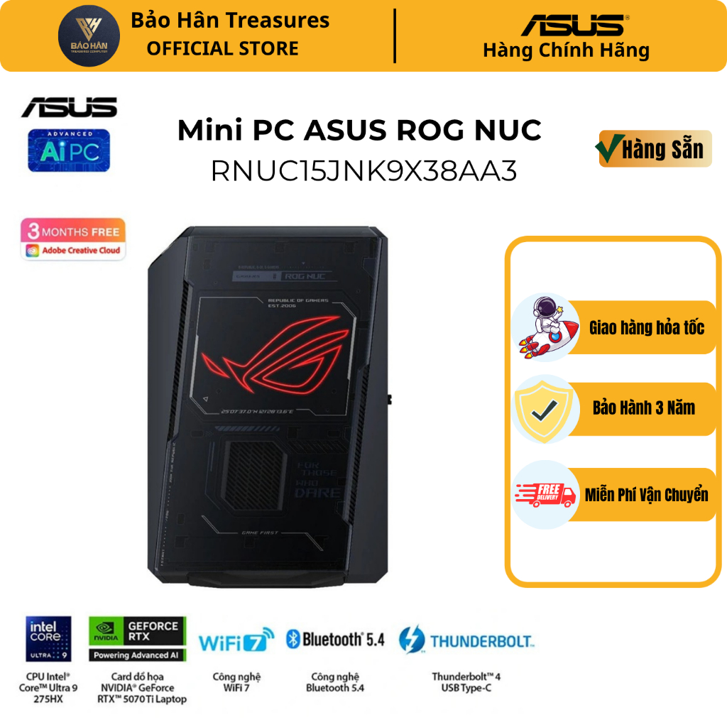 Mini PC ASUS ROG NUC RNUC15JNK9X38AA3 ( Ultra 9 275HX, RTX 5070 Ti 12GB GDDR7, RAM 32GB DDR5, SSD 2T