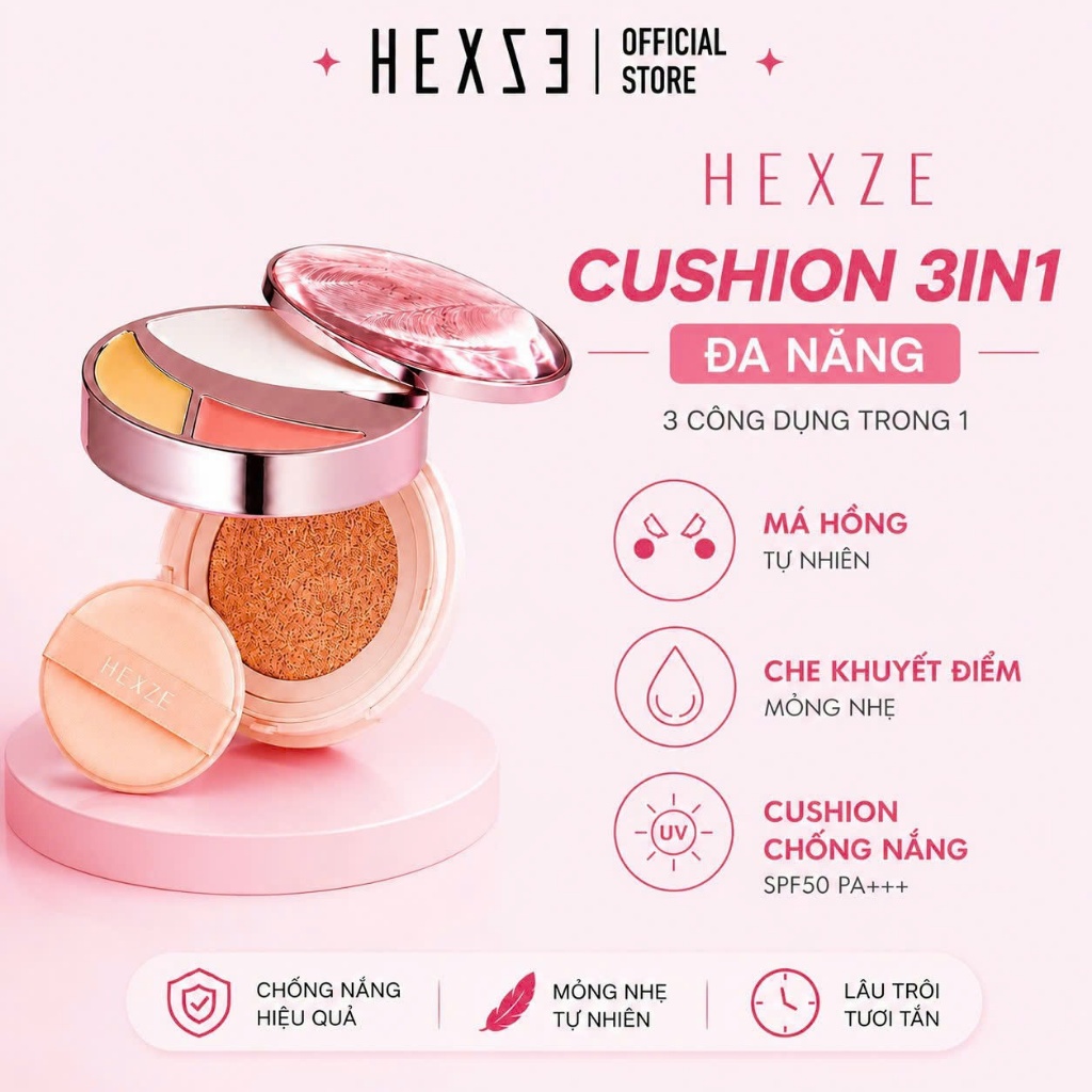 Cushion HEXZE 3in1 tích hợp chống nắng SPF50+, PA++++ Che Khuyết Điểm, Má Hồng Cushion Chống Nắng,trang điểm tự nhiên