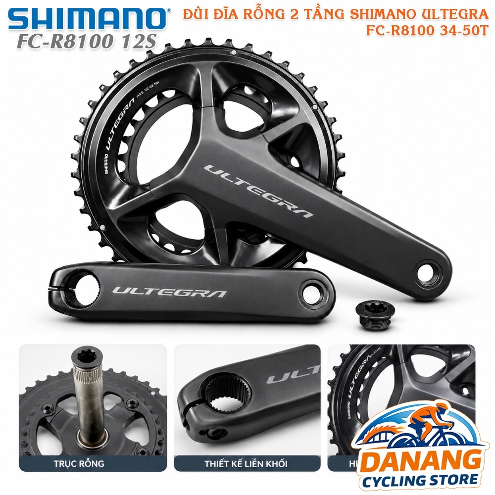 Đùi Đĩa Rỗng Xe Đạp SHIMANO Ultegra FC R8100 2 Tầng 34-50T 12 Tốc Độ | Giò Dĩa Road, Touring – Chính Hãng