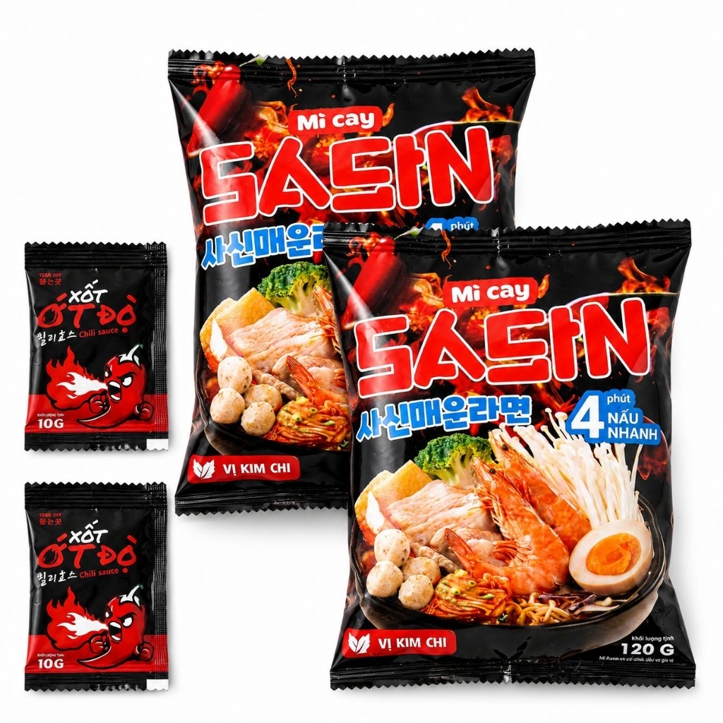 Mi Cay SASIN - Hương Vị Kim Chi 120g - Tặng 1 Sốt Ớt - Nấu Nhanh 4 Phút