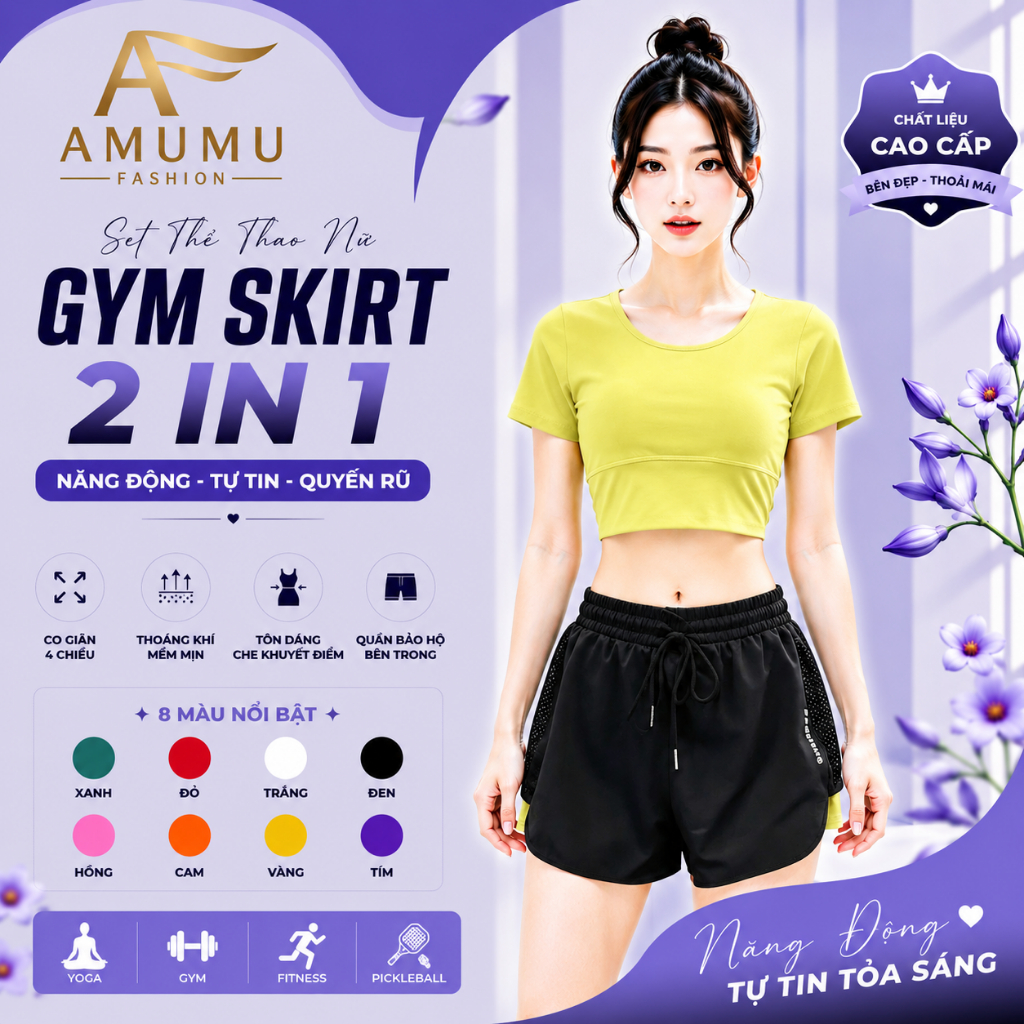 Bộ tập amumu Gym nữ, quần áo tập pickerball gym yoga aerobic nữ croptop Amumu xanh chuối (SP-02)