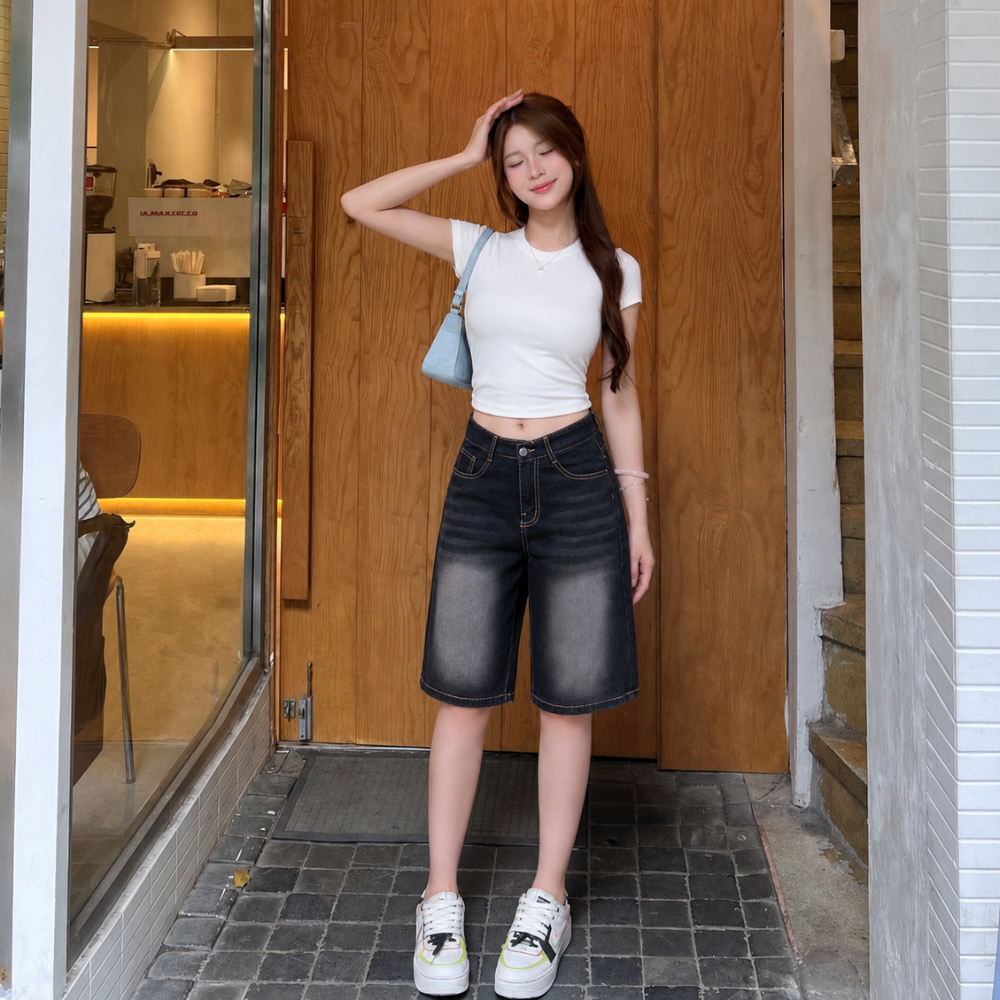 Quần Short Jeans lửng MIAA wash cạp thấp ống rộng form unisex nam nữ, Quần đùi bò nữ đủ size nhiều màu | BigBuy360 - bigbuy360.vn