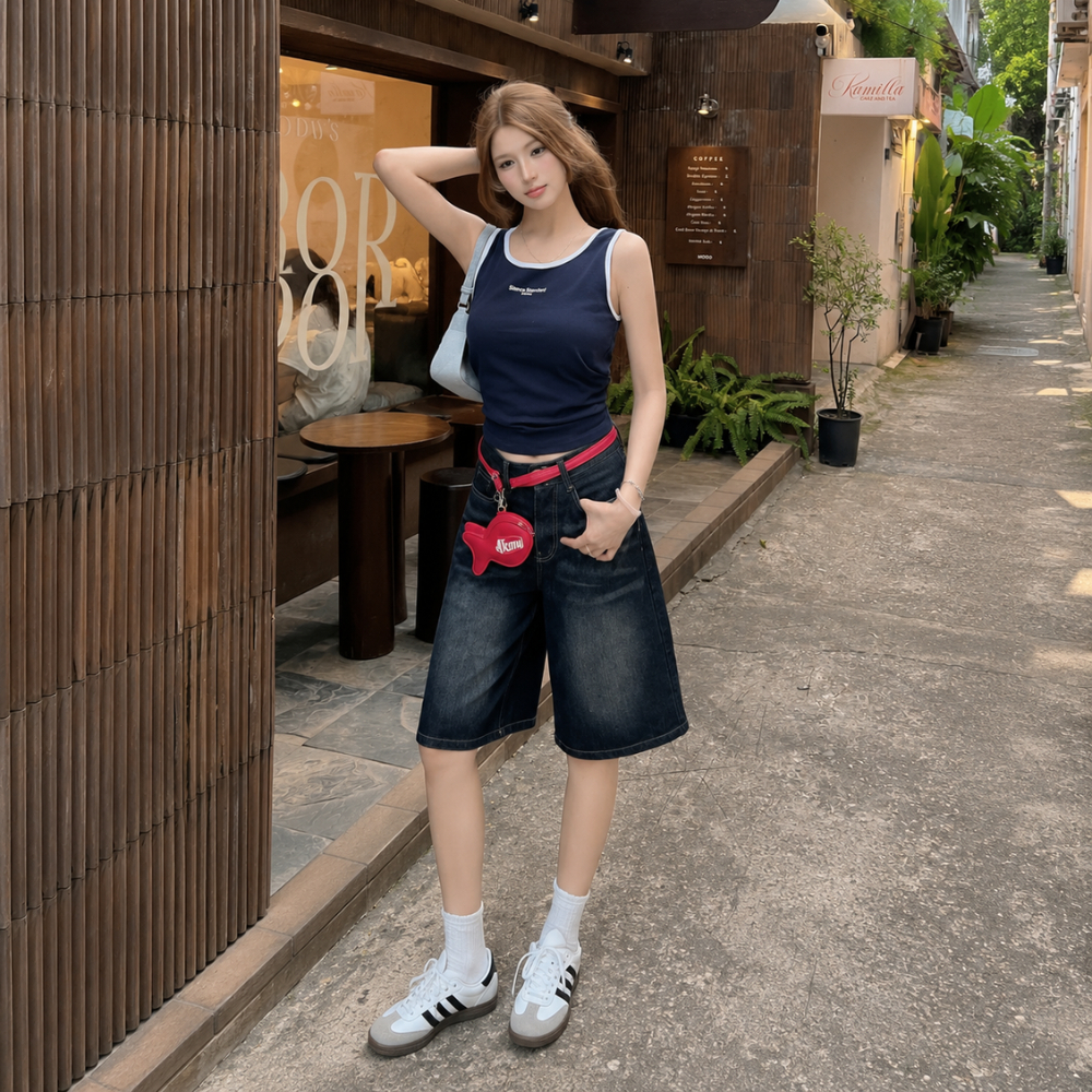 Quần Short Jeans lửng MIAA wash cạp thấp ống rộng form unisex nam nữ, Quần đùi bò nữ đủ size nhiều màu | BigBuy360 - bigbuy360.vn
