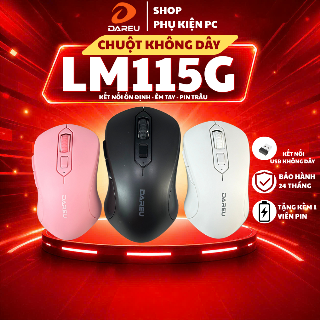 Chuột không dây Dareu LM115G Hồng | Trắng | Đen - Wireless 2.4GHz -Chính hãng