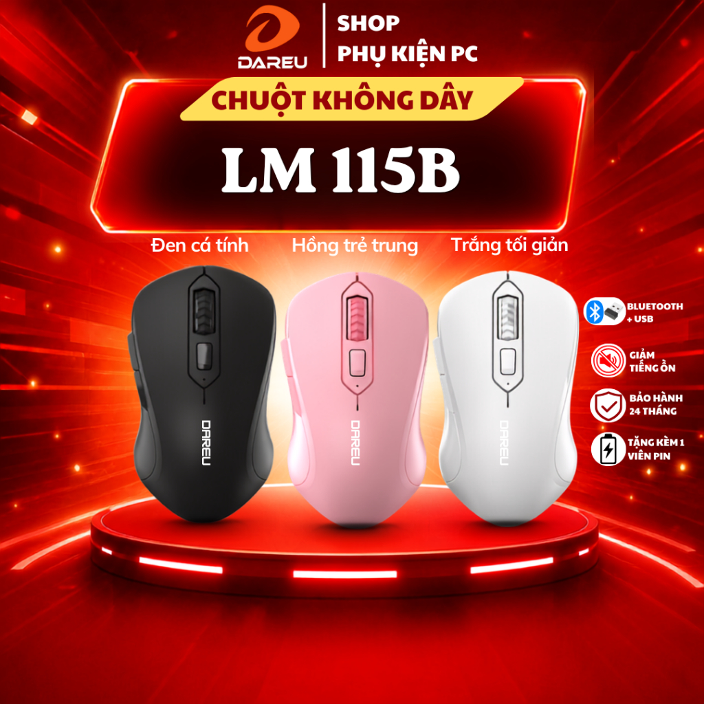 Chuột không dây Dareu LM115B Pink / Black / white- kết nối USB-Bluethooh chính hãng
