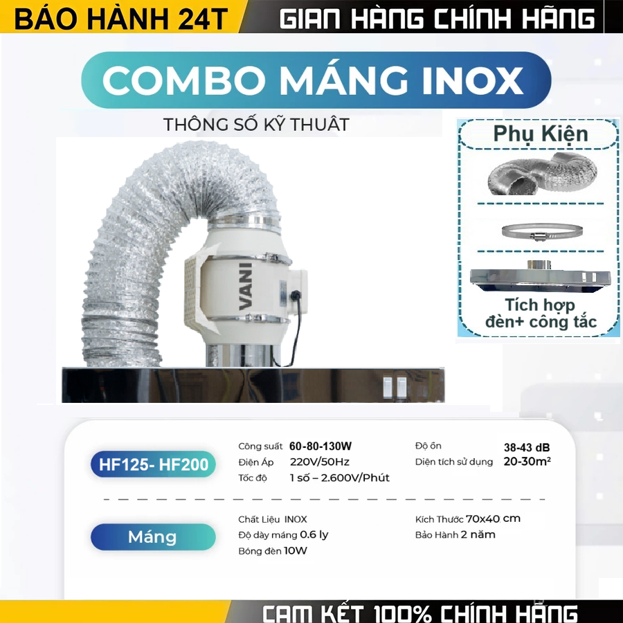 Máy hút mùi bếp HF125 -HF150 -HF200 kèm máng inox