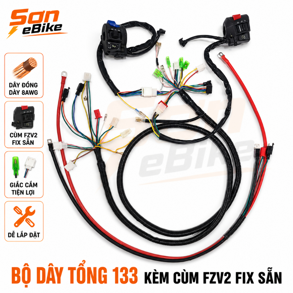 Bộ Dây Điện Tổng Xe 133S  Kèm Cùm FZ V2 Giắc Cắm vừa ic Votol Có giắc Đổi Nguồn
