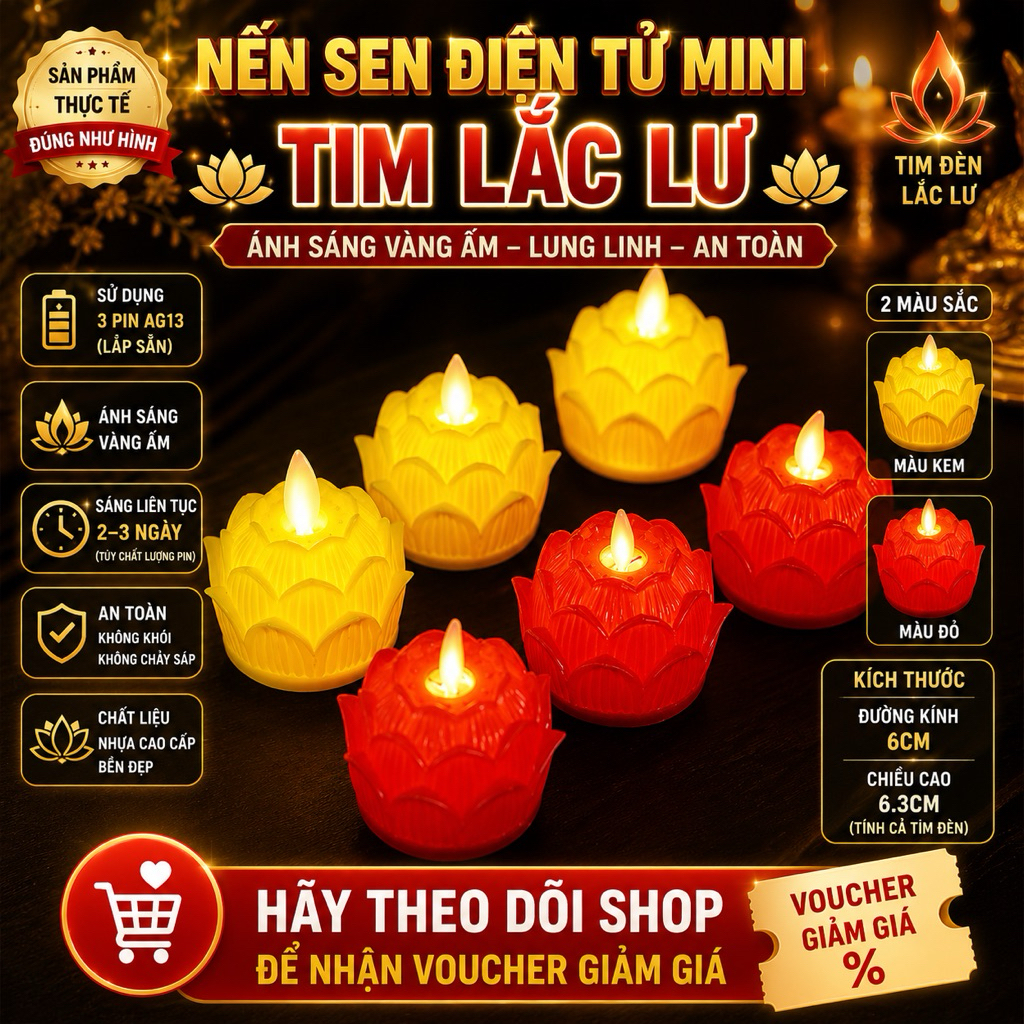 Nến Sen Điện Tử Mini LED Tim Lắc Lư – Nến Hoa Sen Trang Trí – Dùng 3 Pin AG13 – Lắp Sẵn Pin