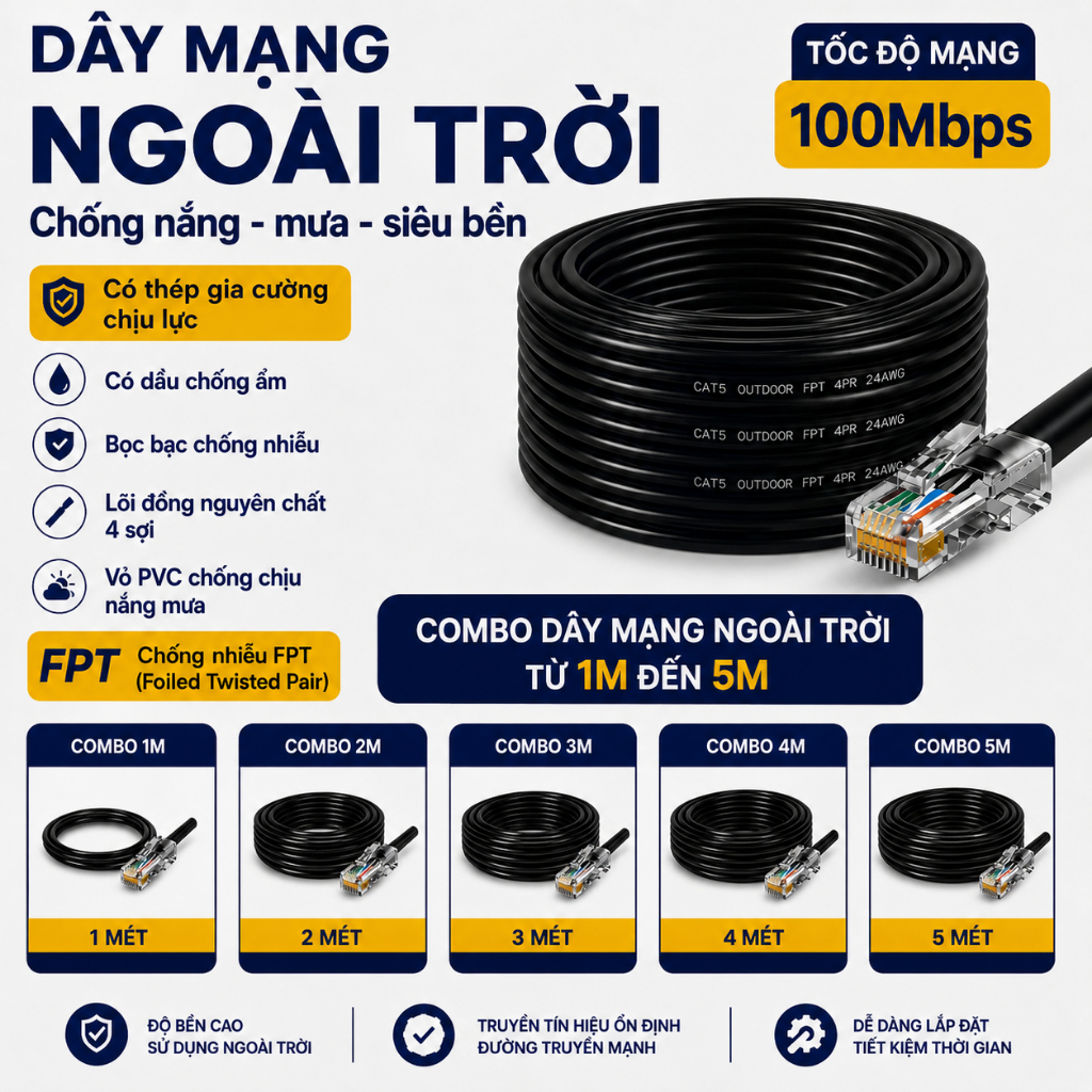Dây Mạng Ngoài Trời 1M 2M 3M 4M 5M Bấm Sẵn 2 Đầu RJ45 Dây Cáp Mạng Có Thép Chịu Lực Chống Nắng Mưa