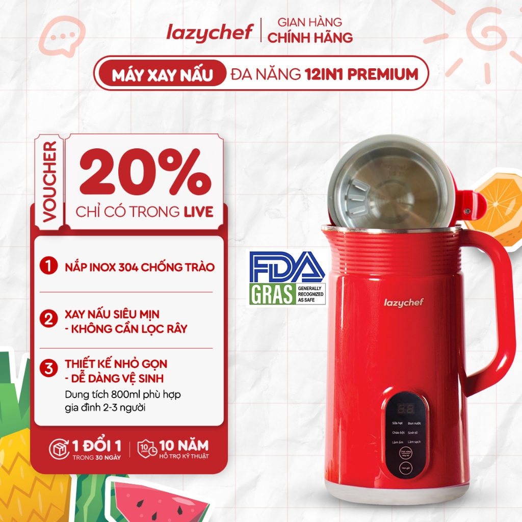 Máy Xay Nấu Đa Năng 5in1 nắp Inox Lazychef - Máy Xay Sinh Tố, Máy Làm Sữa Hạt - Dung Tích 800ml
