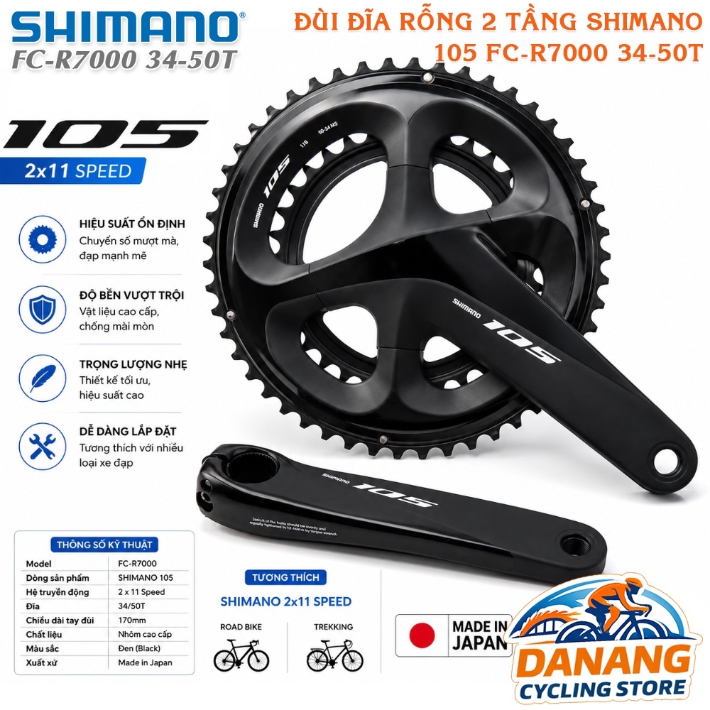Đùi Đĩa Rỗng Xe Đạp SHIMANO 105 FC R7000 2 Tầng 34-50T 11 Tốc Độ | Giò Dĩa Road, Touring – Chính Hãng
