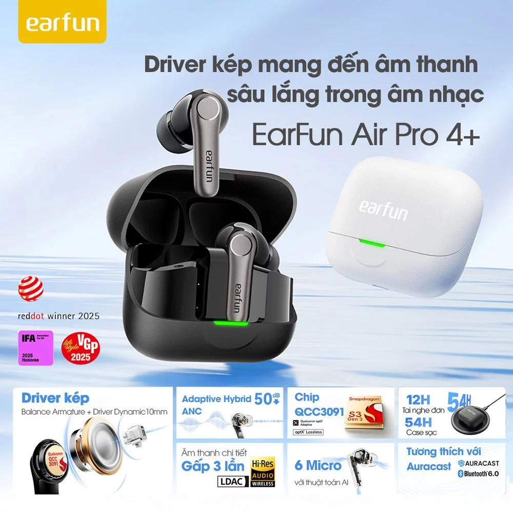 Tai Nghe Bluetooth Earfun Air Pro 4+ Chống Ồn ANC 50dB AptX - Bảo Hành 12 Tháng Chính Hãng