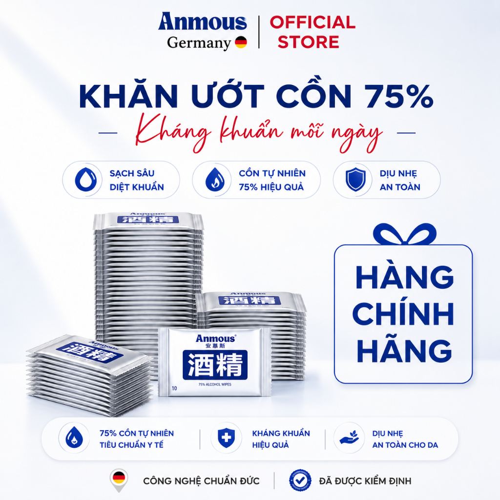 Giấy ướt cồn hộp 36/100 miếng 1 cồn tự nhiên 75% không mùi etanol diệt khuẩn 99% ANMOUS