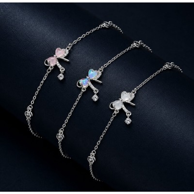 Lắc Tay Bạc HELINO Nơ Điệu Trái Tim Đính Đá Lấp Lánh, Trang Sức Nữ Tinh Tế V55