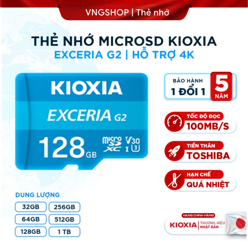 Thẻ nhớ microSDXC KIOXIA G2 siêu bền 128GB/256GB/512GB U3 V30 A1 4K cho camera, flycam, BH 5 năm