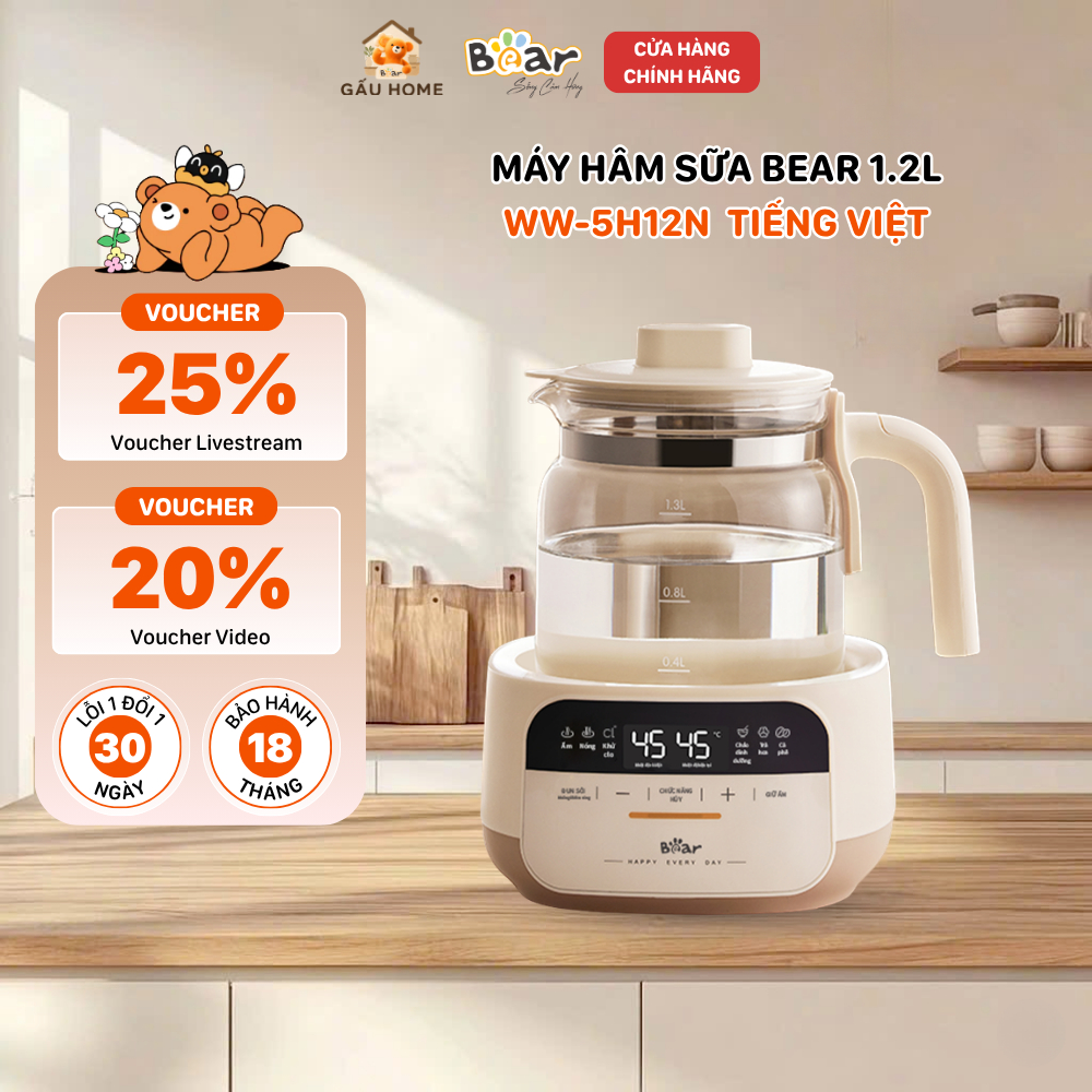 Máy Đun Nước Pha Sữa Bear 1.3L Đa Năng Hâm Sữa Đun Nước Khử Clo Pha Sữa Giữ Nhiệt An Toàn Cho Bé WW-