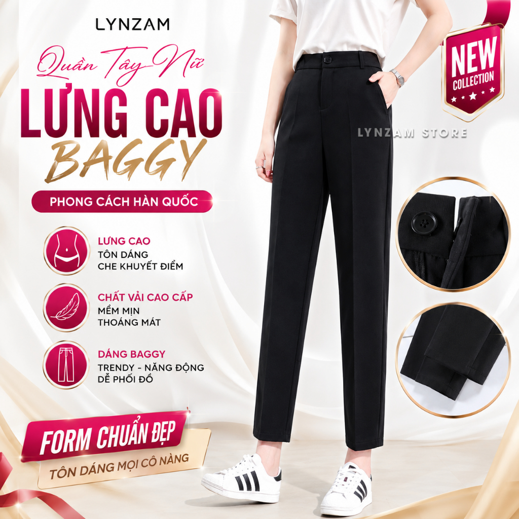 Quần Tây Nữ Lưng Cao,Quần Baggy Nữ LYNZAM Ống Đứng Vải Cao Cấp Xuất Hàn
