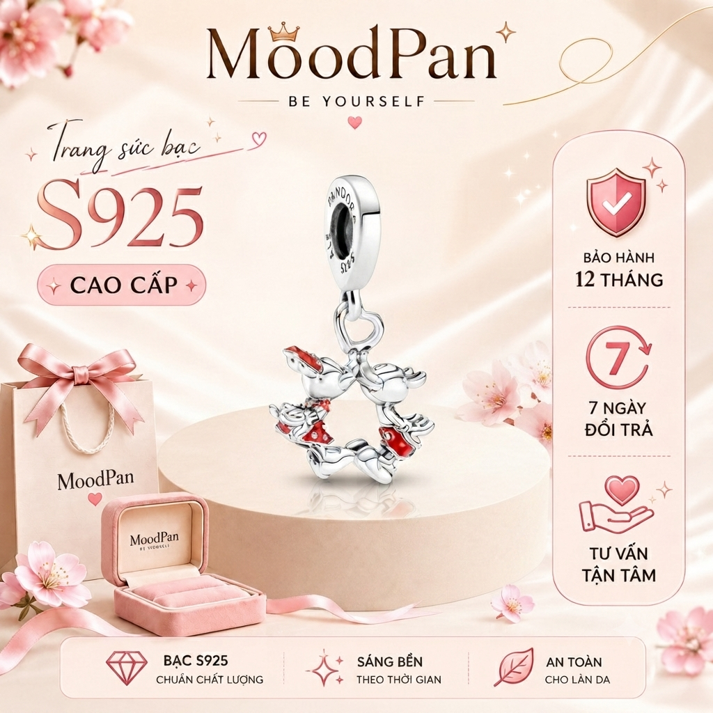 Charm bạc S925 Chuột Mickey hôn nhau Mickey Mouse & Minnie Mouse Kissing Dangle 1618