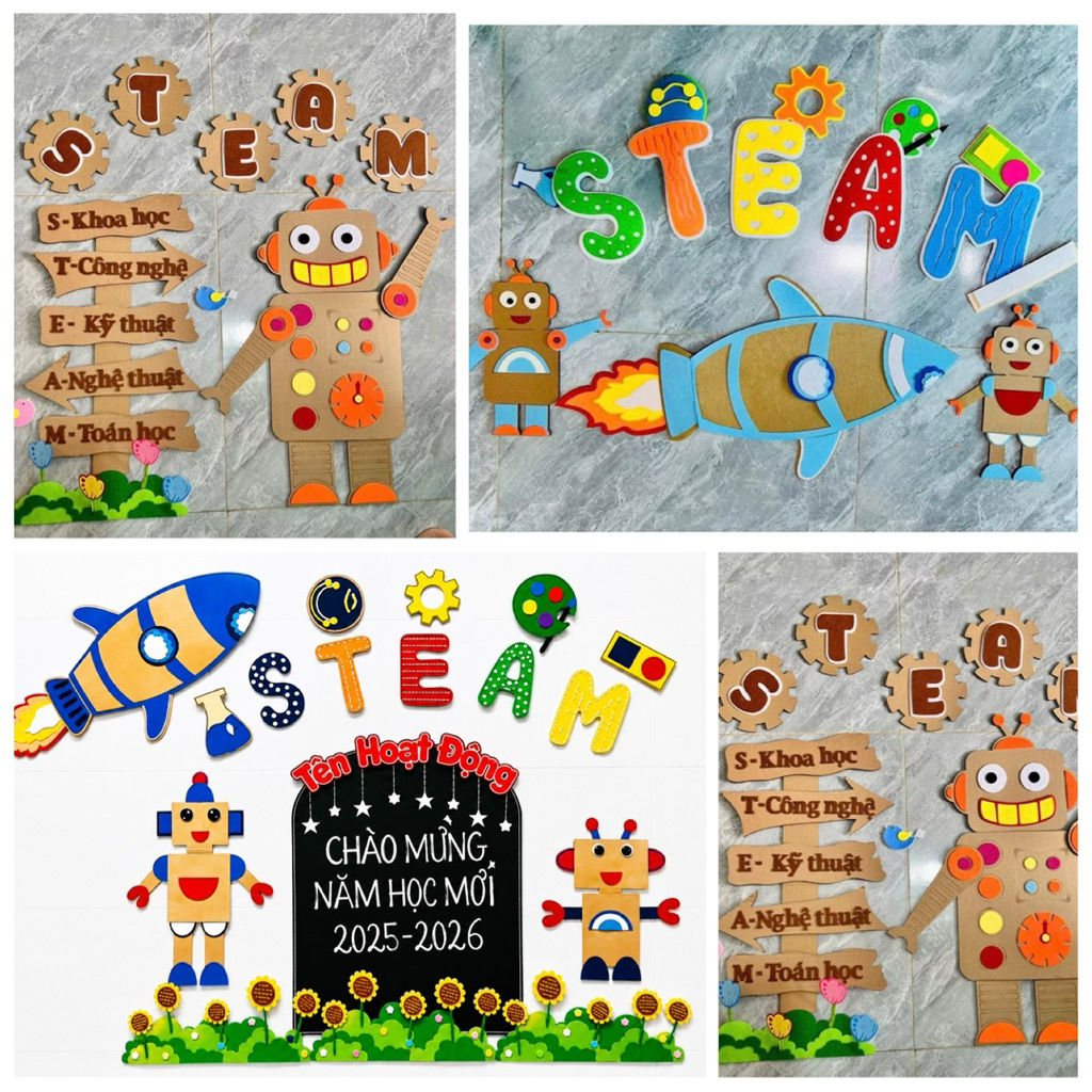 Bảng Chữ STEAM tên lửa robot trang trí góc STEAM Mầm non