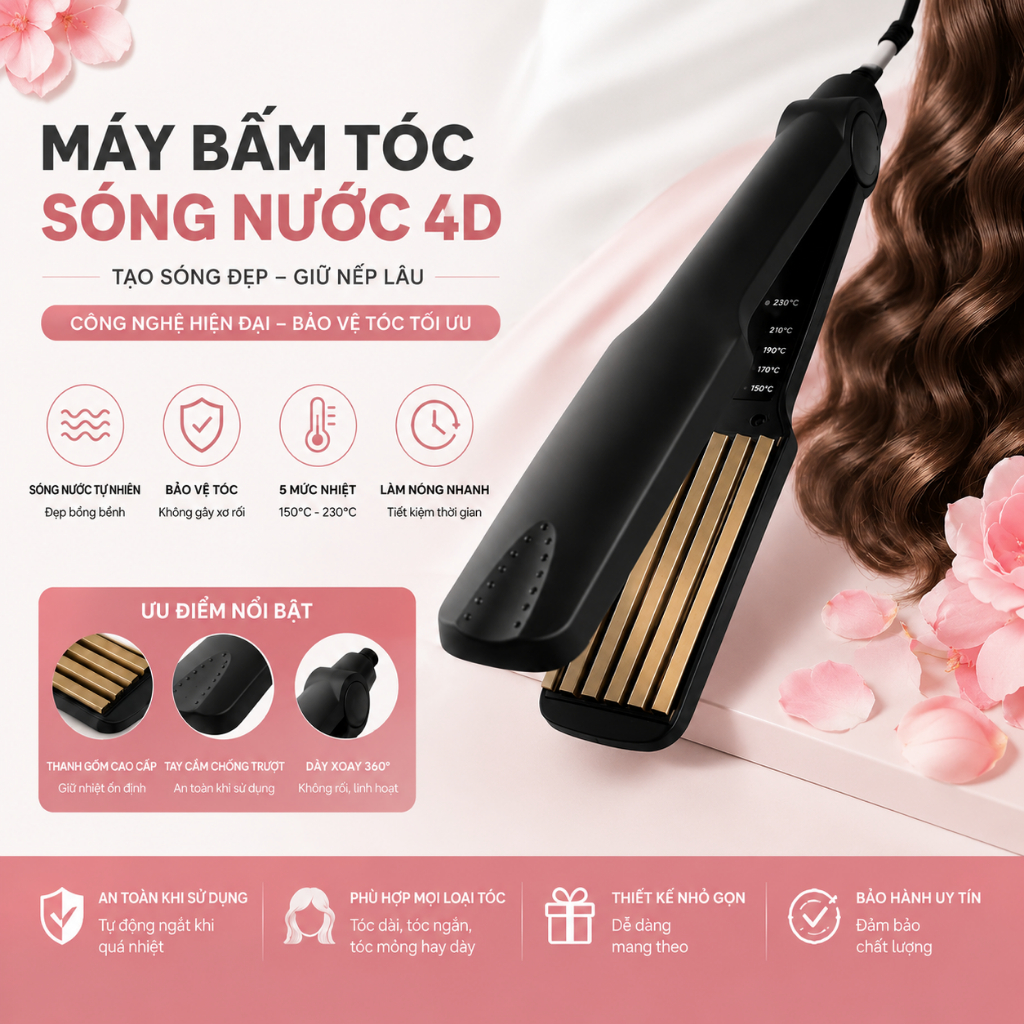 Máy Dập Phồng Chân Tóc PTLUXURY Có 4 Mức Chỉnh Nhiệt Dễ Dàng Sử Dụng