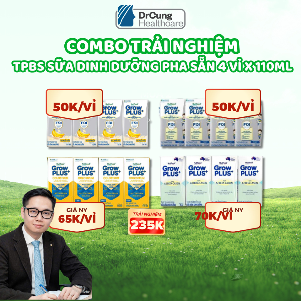 COMBO 4 VỈ x 110ML: 1 Vỉ Sữa GROW Chuối + 1 Vỉ GROW Bạc + 1 Vỉ GROW LACTOFERRIN VÀNG + 1 Vỉ A2 BETA 