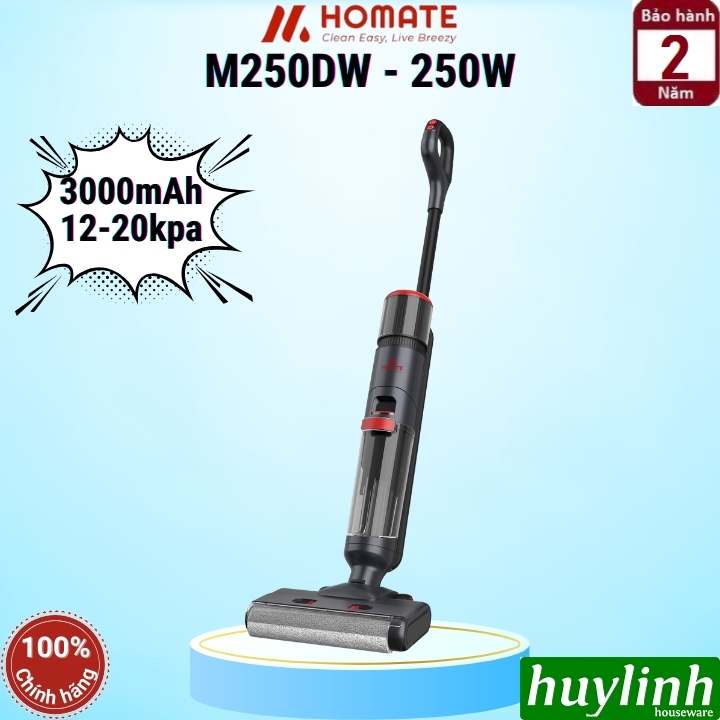 Máy hút bụi lau nhà không dây dùng pin Homate M250DW - 250W - pin 3000mAh - hoạt động 22-50 phút