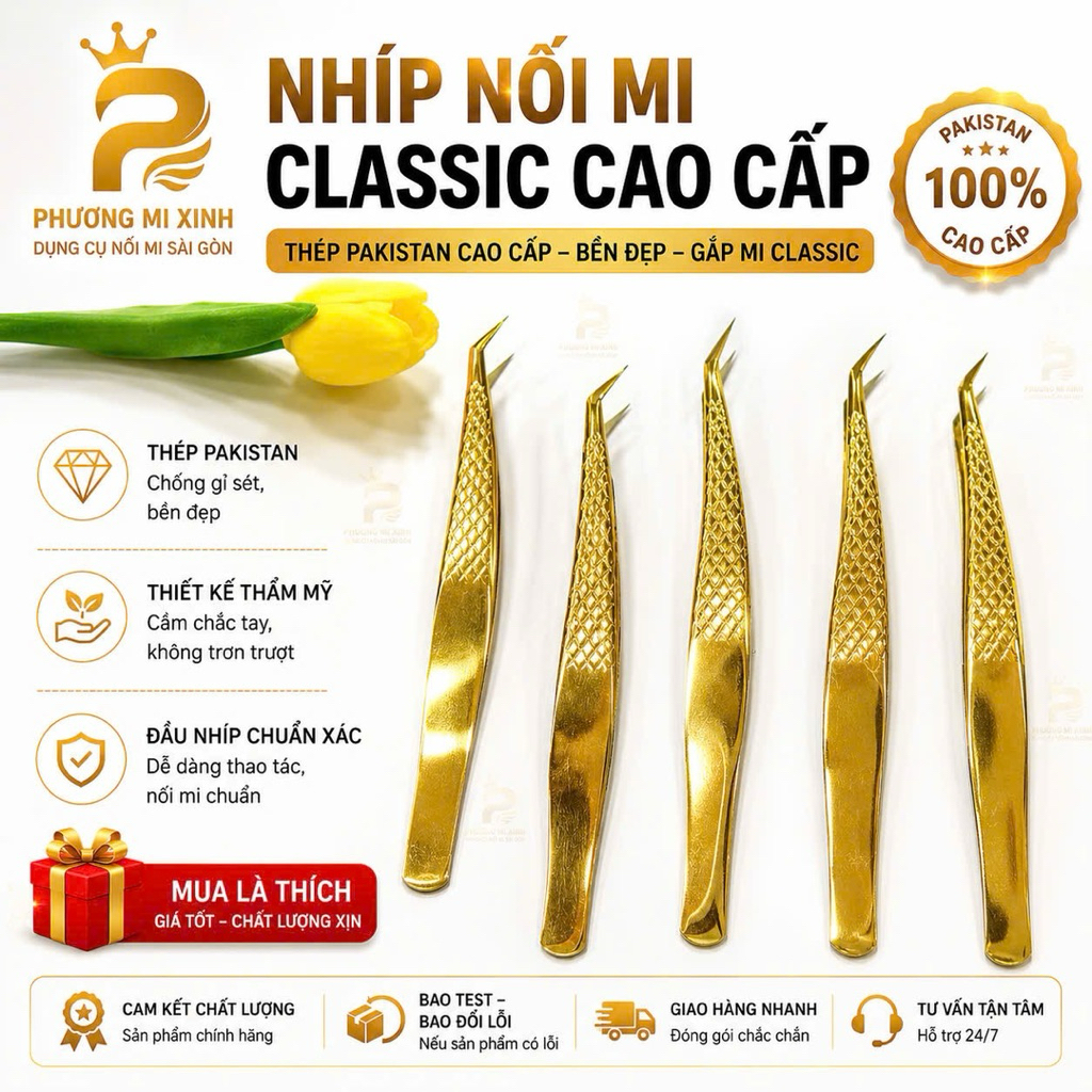 Nhíp nối mi Classic, nhíp gắp mi Classic cao cấp màu vàng chất lượng cao