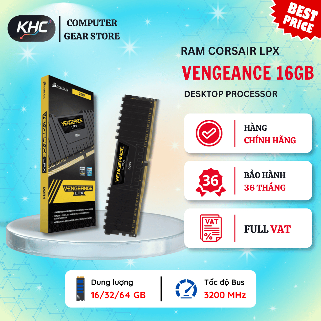 RAM PC Corsair Vengeance LPX 16GB DDR4 Bus 3200Mhz - Bảo Hành 36 Tháng (Full VAT)