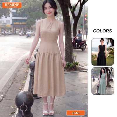 Đầm thiết kế BEMINE cổ tròn sát nách xẻ giọt nước dáng chữ A phù hợp đi chơi-B566