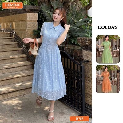 Đầm thiết kế BEMINE cổ sơ mi đính cúc in nơ dáng chữ A phù hợp đi làm, đi chơi-B703